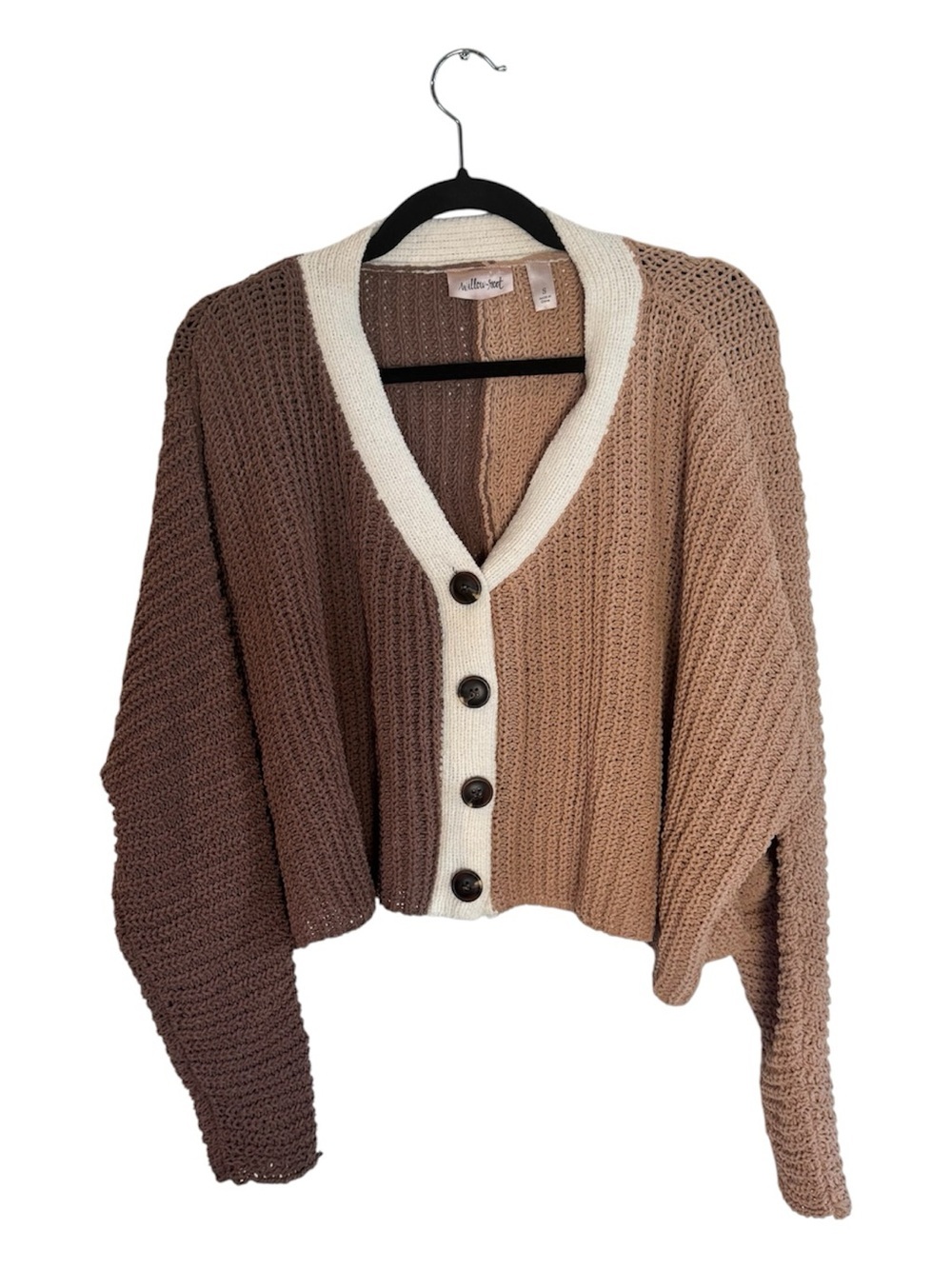 Colorblock Cropped Cardigan Sweater - Cream & Brown Size S